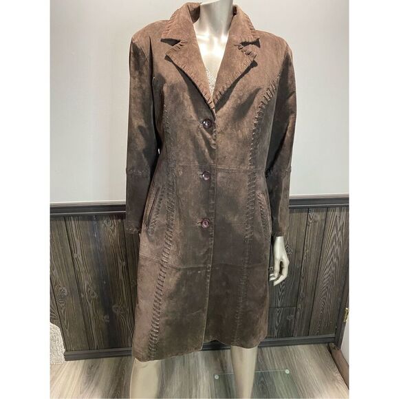 L, Nancy Bolen City Girl Boho suede knee length coat with whip stitch detail. - Picture 5 of 10